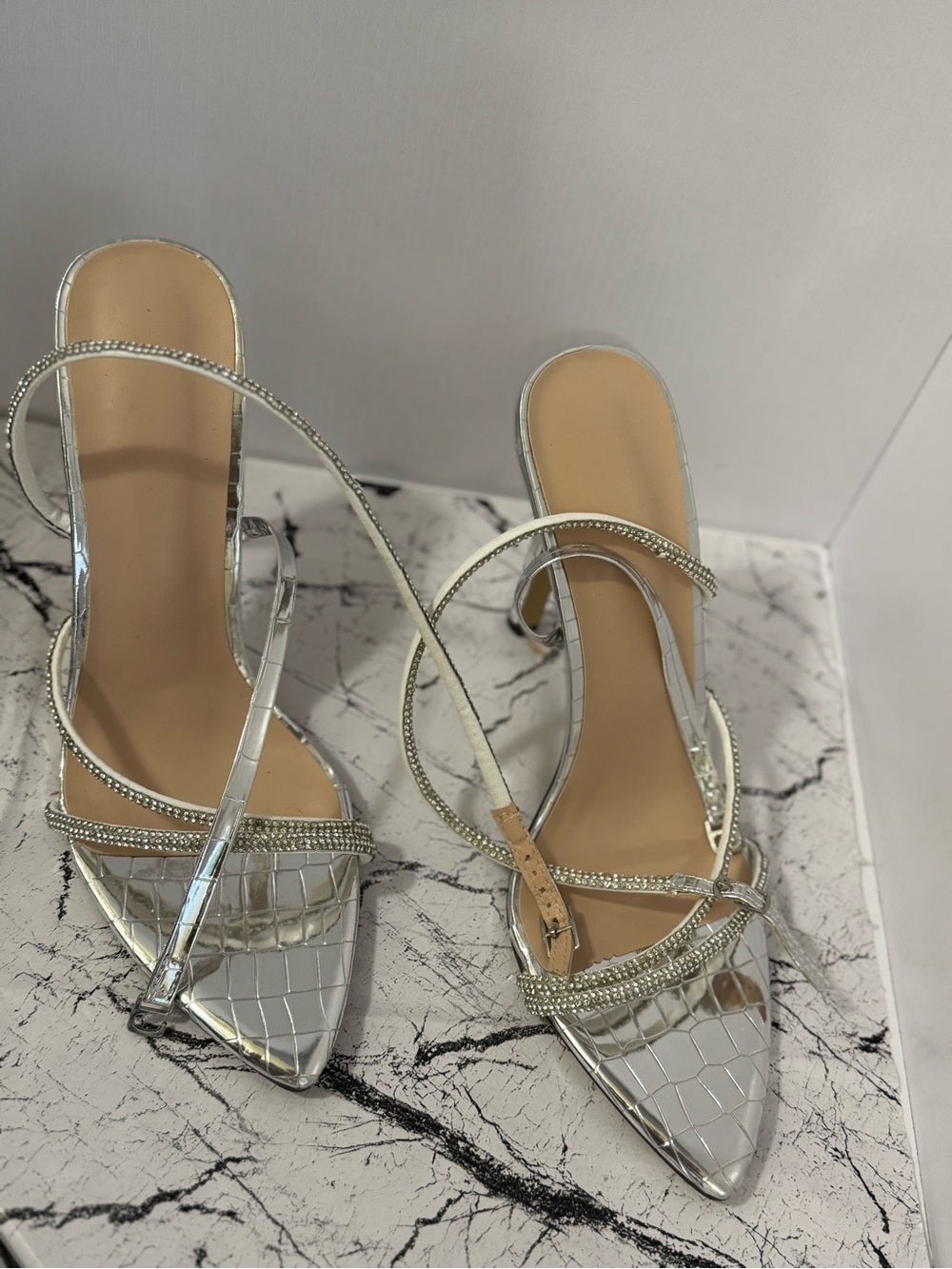 Silver Metallic Croc Embossed Rhinestone Strappy Heels